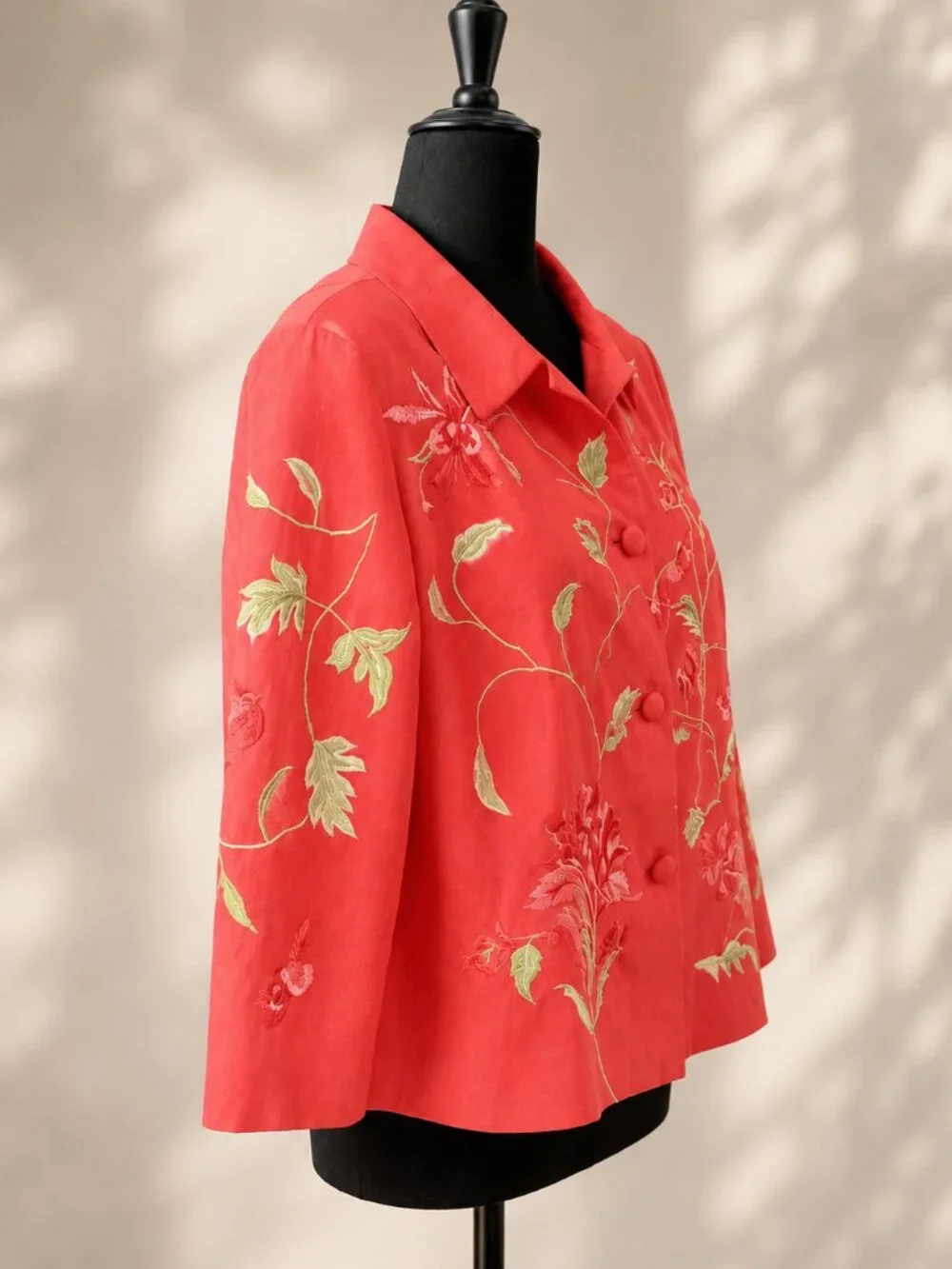 Vintage Maggy London 100% Silk Embroidered Floral Jacket 18 Coral